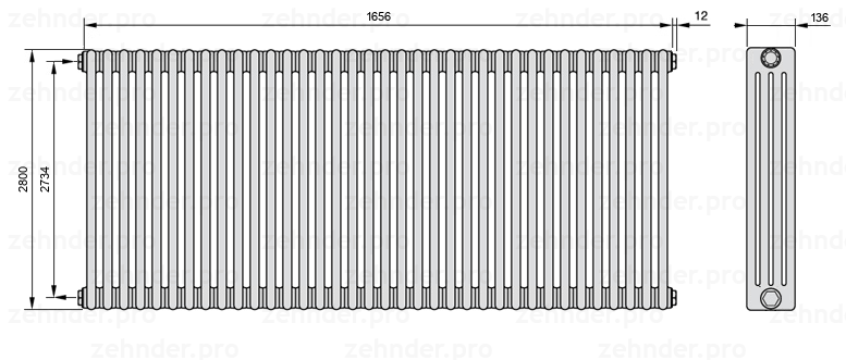 Схема (чертеж) Радиатор Zehnder Charleston 4280/36 №1270 Белый глянцевый RAL 9016